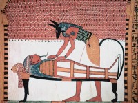 Wall painting of Anubis and a mummy